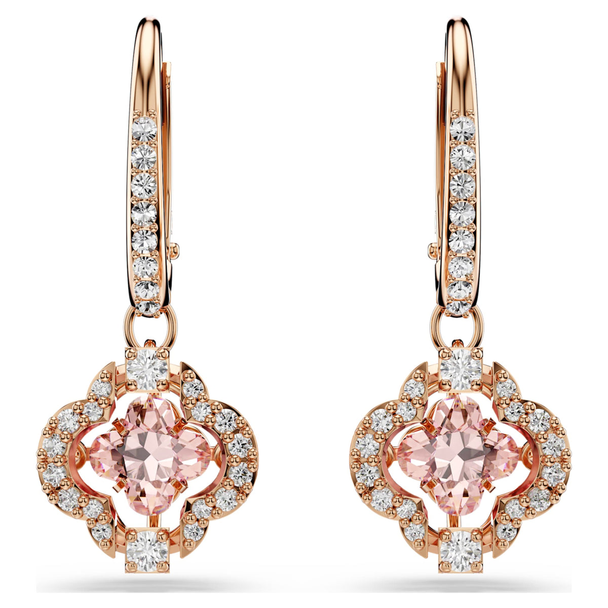 Swarovski Una drop earrings featuring a clover motif with pink accents and an 18K rose gold finish