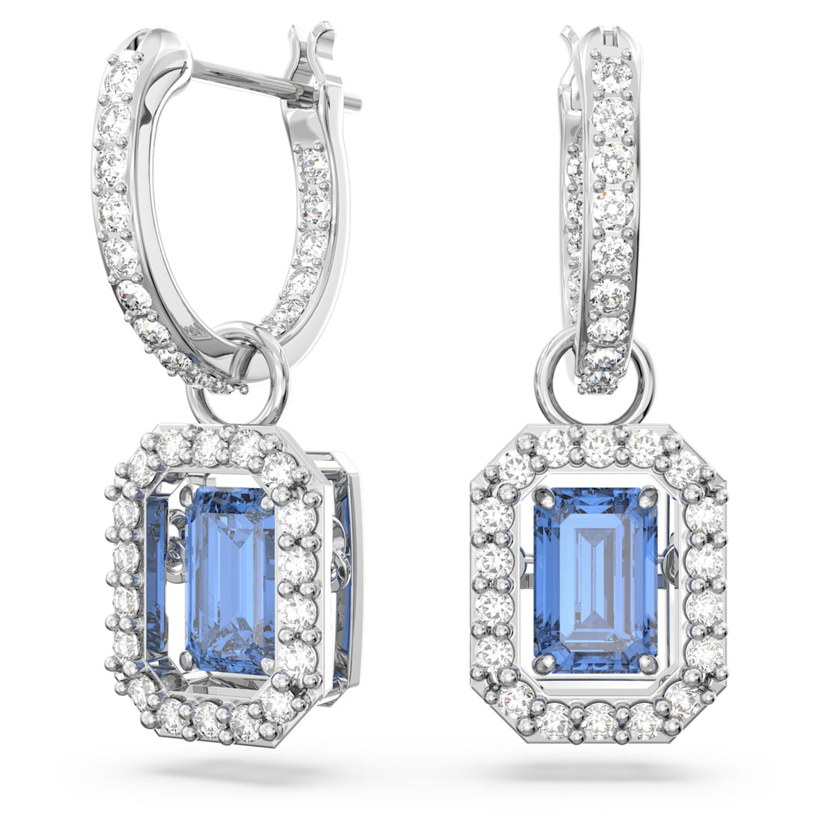 Swarovski Una drop earrings with blue octagon-cut accents and rhodium plating