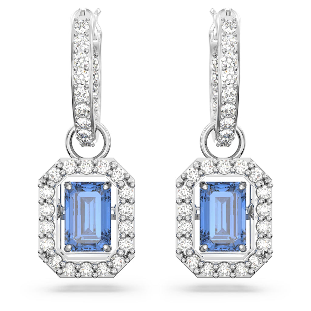 Swarovski Una drop earrings with blue octagon-cut accents and rhodium plating
