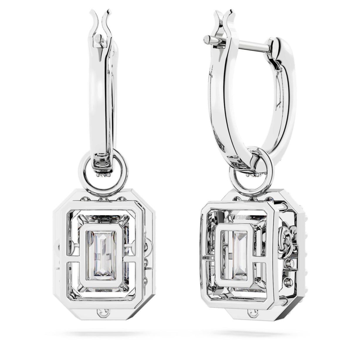 Swarovski Una drop earrings with white octagon-cut accents and rhodium plating
