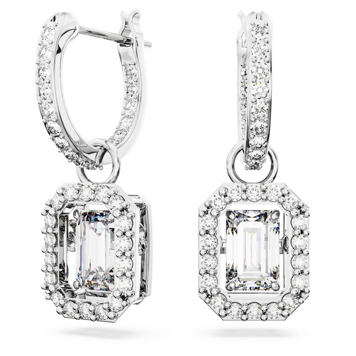 Swarovski Una drop earrings with white octagon-cut accents and rhodium plating