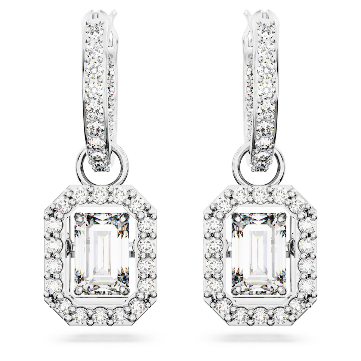 Swarovski Una drop earrings with white octagon-cut accents and rhodium plating