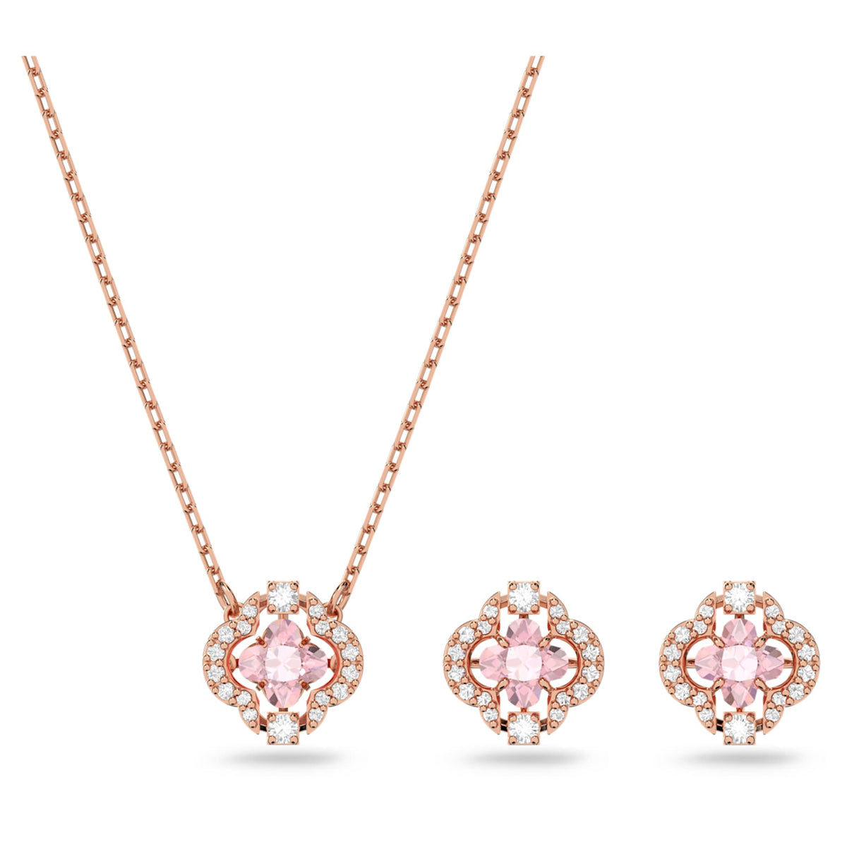 Swarovski Una set featuring a clover motif with pink mixed-cut accents and an 18K rose gold finish