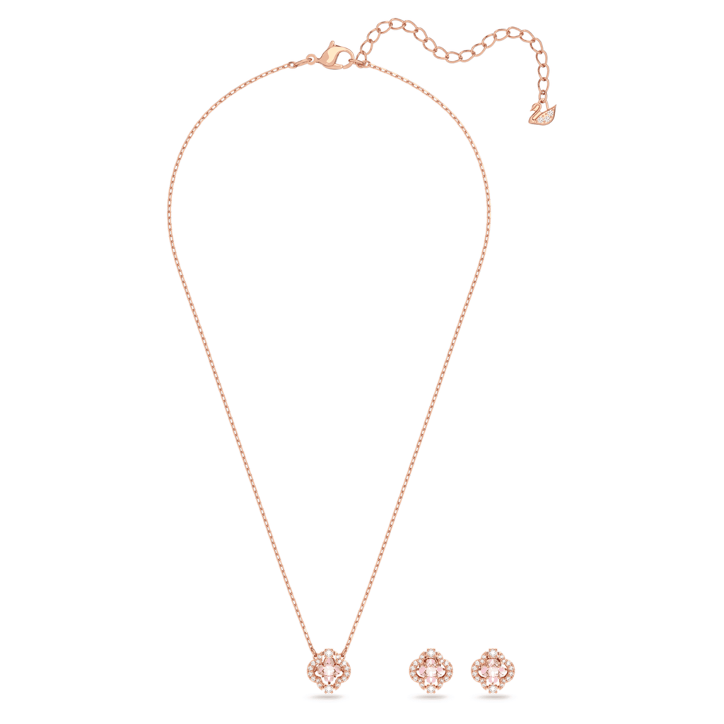Swarovski Una set featuring a clover motif with pink mixed-cut accents and an 18K rose gold finish