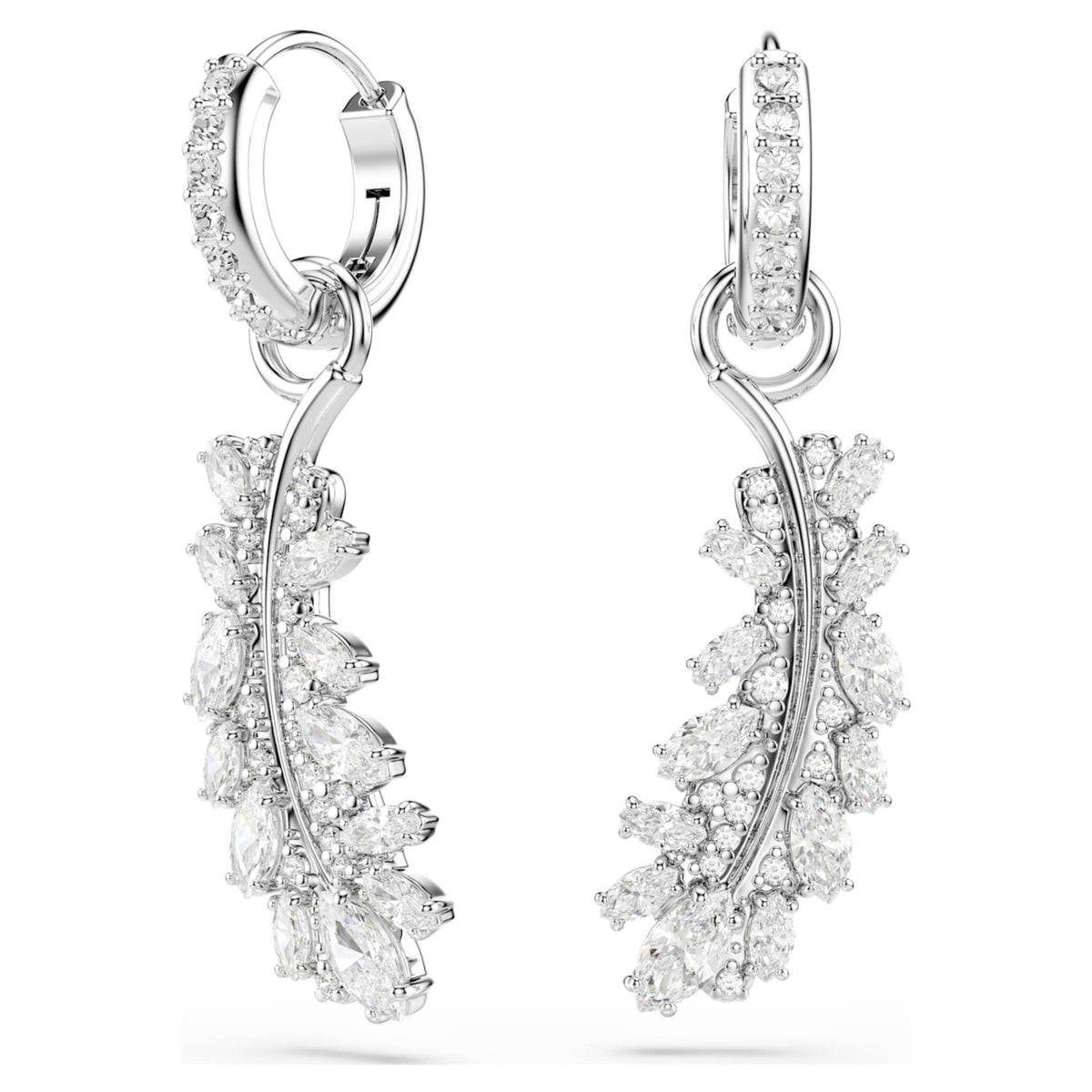 Swarovski Vienna earrings Mixed cuts, Feather, White, Rhodium plated